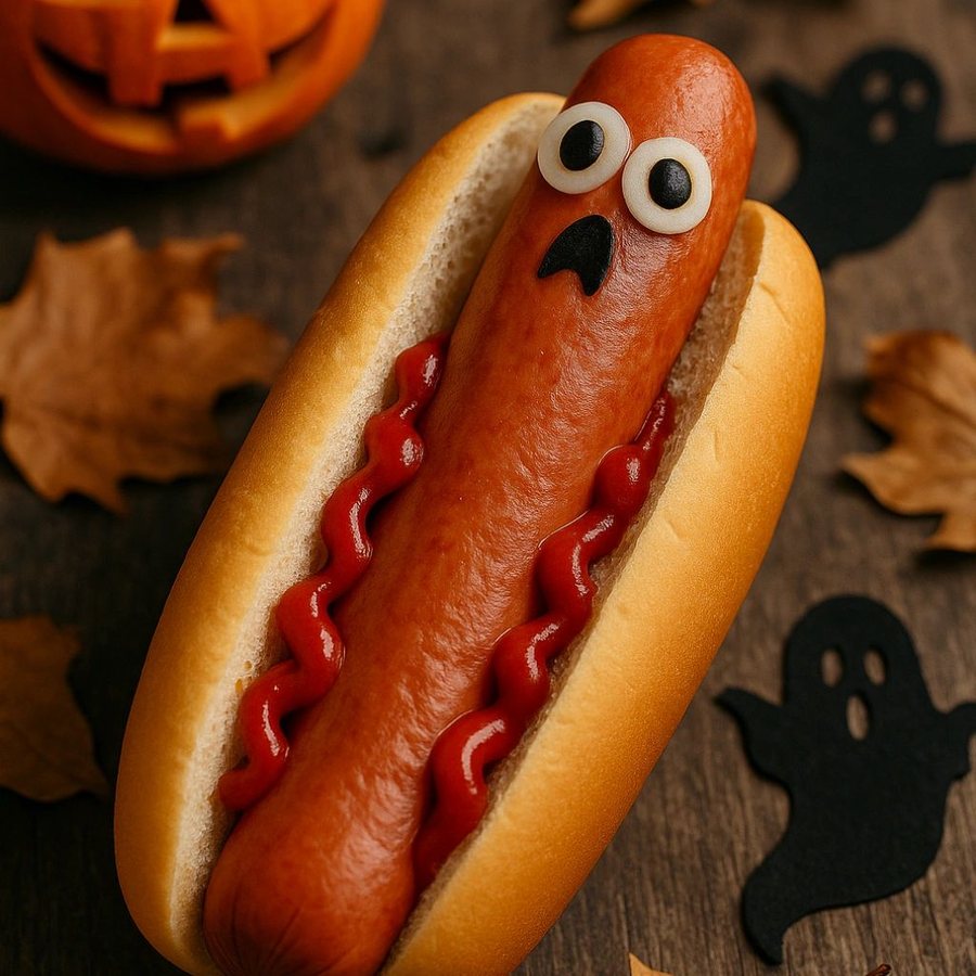 A hot dog with a scared face decoration for Halloween